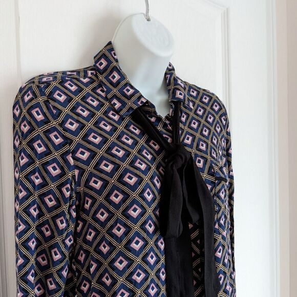 Mango Abstract Print Navy Pink Blouse With Bow Tie Neck Top Viscose XS @V - Picture 10 of 12